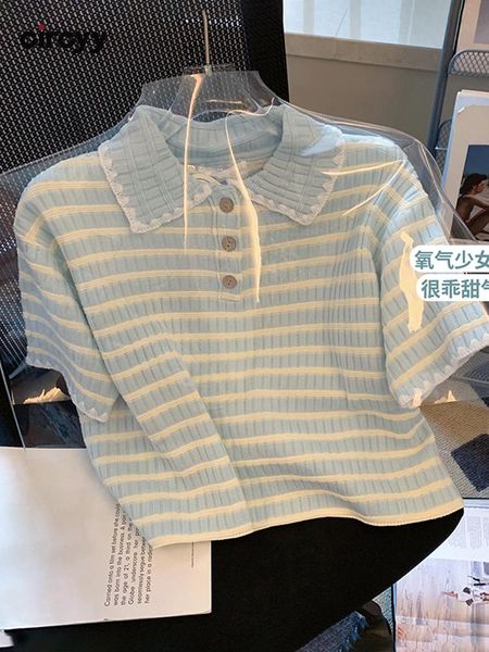 

polos circyy women tshirts light blue striped 2022 summer korean short sleeve simple 2022 fashion clothing girl turndown collar, White