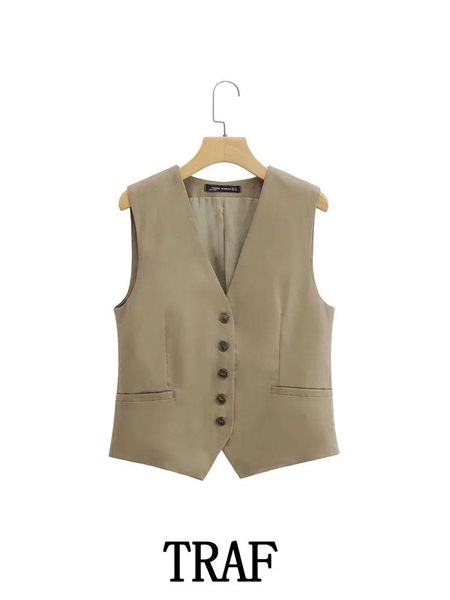 

vests traf 2022 women sleeveless flax blend short vest jacket office ladies wear casual vest loose waistcoat outwear, Black;white