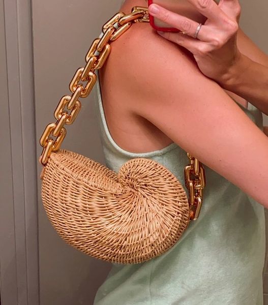 

evening bags fashion thick chains rattan conch women shoulder design wicker woven handbags luxury summer beach straw bag bali purse 2023 230