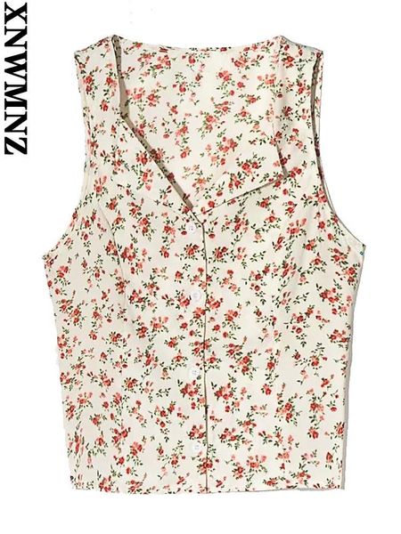 

tanks xnwmnz vest women 2022 fashion new small floral print cropped blouse vintage sleeveless lapel female shirts blusas chic, Black;white