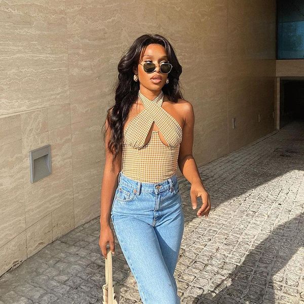 

tanks fashion plaid cross knot zipper halter cutout crop women backless cropped feminino summer streetwear, Black;white