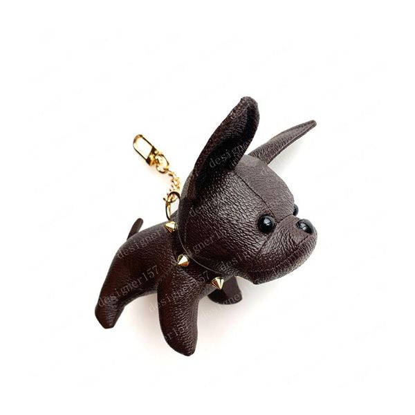 

2022 keychain bulldog key chain brown flower leather men women handbags luggage accessories lovers car pendant 7 colors with box 1191y, Black