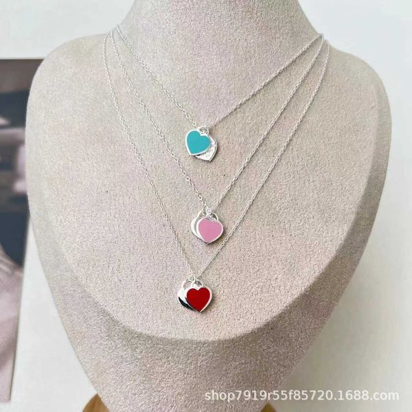 

designertiffy love necklace s925 enamel double heart simple and fresh peach gift, Black
