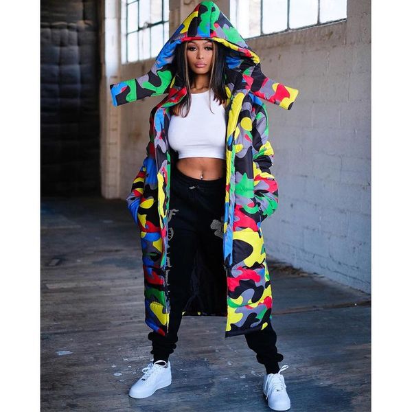 

leather new fashion cool camouflage print long jacket for women bubble coat winter thick warm outerwear puffer overcoat, Black