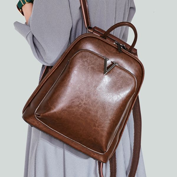 

school bags oil wax genuine leather women backpack cross body shoulder bags cowhide school daypack fashion retro female rucksack knapsack 23