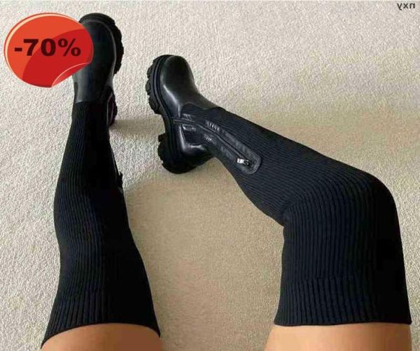 

women boots autumn and winter thick soled over knee boot 039s elastic flying knitting wool high tube round head breathable sing4576343, Black