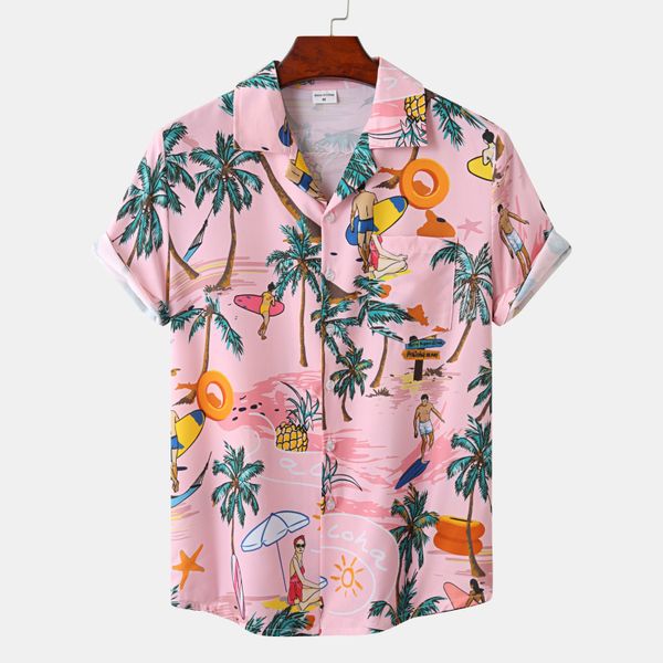 

men's casual shirts hawaiian beach coconut tree print short sleeve clothes fashion lapel button t-shirt for men 230421, White;black