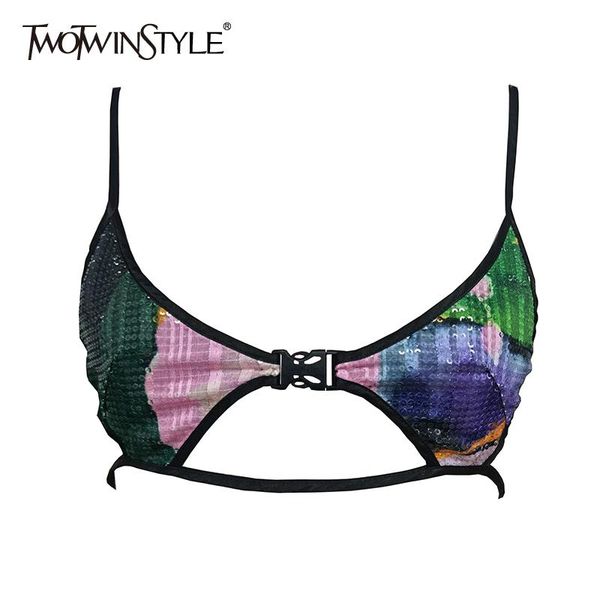 

t-shirt twotwinstyle patchwork print vests for women v neck sleeveless hit color hollow out lace up camis females summer 2022 style, White