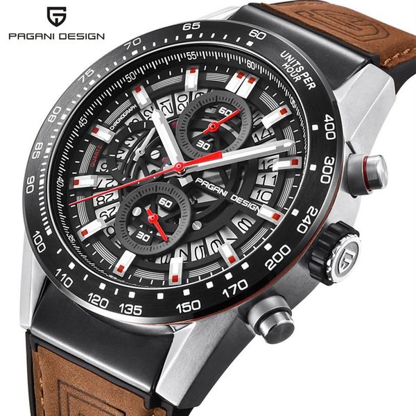 

pagani design fashion skeleton sport chronograph watch leather strap quartz mens watches brand luxury waterproof clock225j, Slivery;brown
