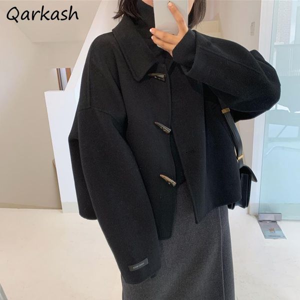 

fur blends women cropped new korean version leisure solid female single breasted chic outwear allmatch autumn temperament preppy, Black