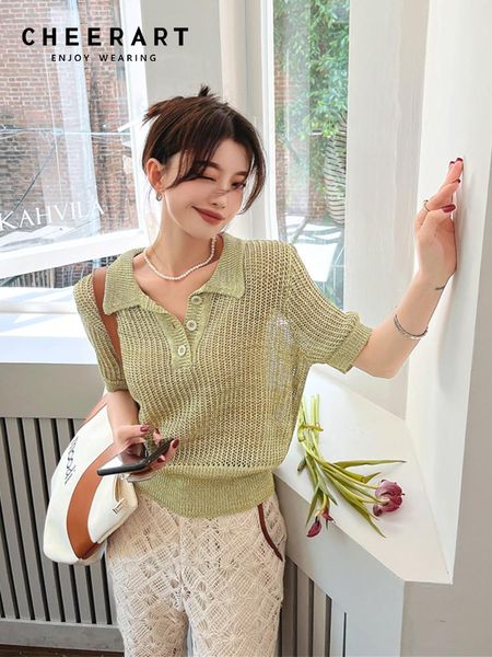 

polos cheerart crochet knit summer polo shirt women 2022 green pink short sleeve poloshirt korean fashion clothing, White