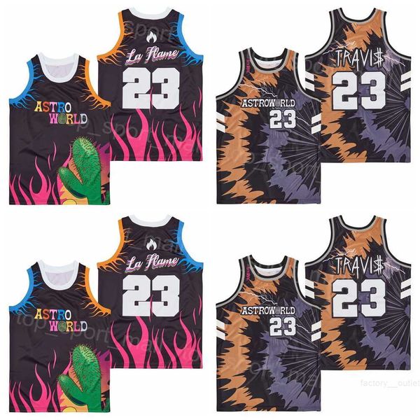 

moive basketball la flame astro world jersey 23 travls scott pullover pure cotton retro college for sport fans university breathable retire, Black