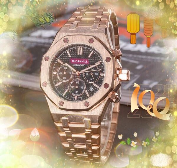 

all dials work brand mens watches three eyes full functional clock all stainless steel band quartz calendar hip hop iced out original clasp, Slivery;brown
