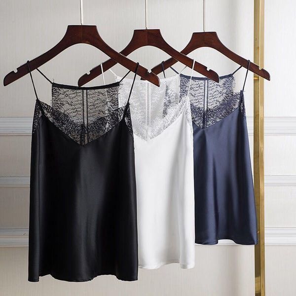 

t-shirt smmoloa satynowa jedwabiu kamizelka koronki jedwabiu tank camis, White