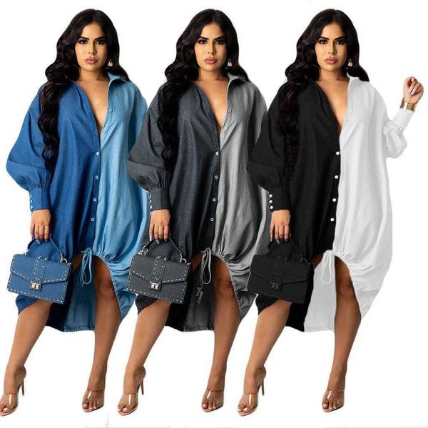 

stitching hem drawstring fashion womens wear dress plus size, Black;gray