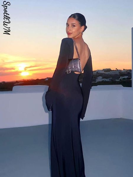 

casual dresse backless see through long dress lady chic elegant sleeves beach trasparent dresses autumn fashion mesh robe 230421, Black;gray