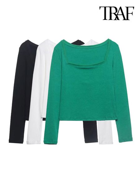

t-shirt traf women fashion fitted green t shirt vintage square collar long sleeve female tees mujer, White