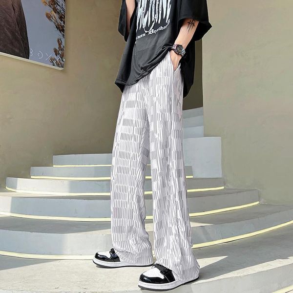 

pants summer new pleated straight mopping pants men's fashion elastic waist casual pants men streetwear loose trousers wide leg pants, Black