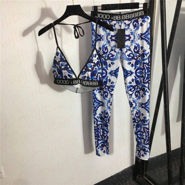 

vintage print womens tracksuit sleeveless padded backless bra leggings yoga outfits casual fashion women sportswear284d, Black