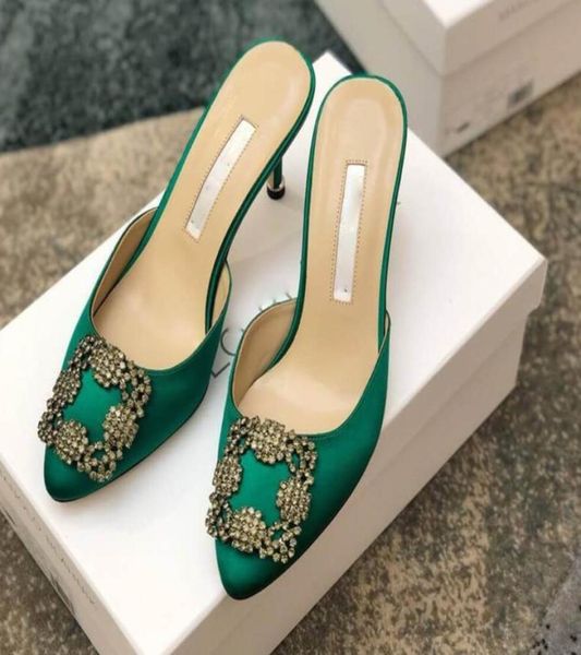 

luxury italy drill satin slippers jewel mules women sandals pointed toe kitten rhinestone square buckle outwear high heel sli6236053, Black