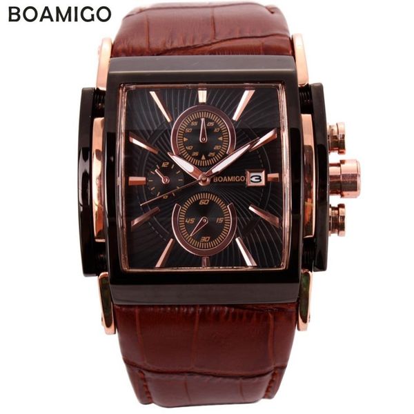 

boamigo men quartz watches large dial fashion casual sports watches rose gold sub dials clock brown leather male wrist watches y192686, Slivery;brown