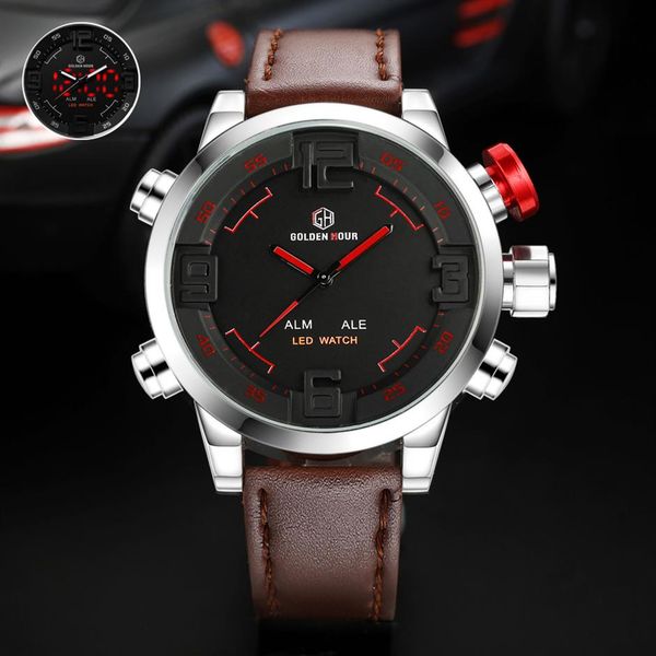 

brand goldenhour back light men watch relogio hombre automatic sport leather army military man watch 2019 relogio masculino268z, Slivery;brown
