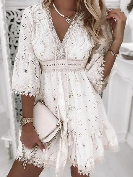 

Casual Dresses White Lace Dress Women V Neck Up Female Patchwork Three Quarter Sleeve Vacation Beach Ladies A-line Party