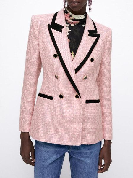 

pants za autumn new women's clothing allmatch color contrast stitching doublebreasted texture slim suit jacket, White
