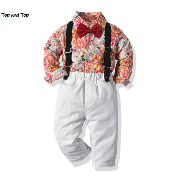 

clothing sets and kids boy gentleman clothes long sleeve bowtie shirtsoveralls toddler boys formal suit children casual wear 230420, White