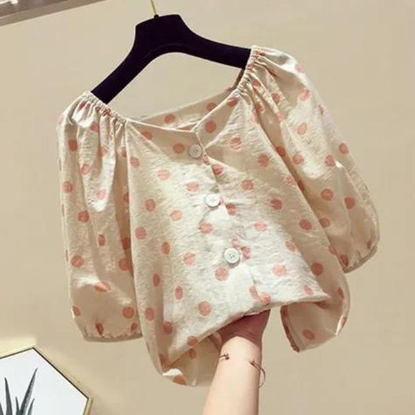 

shirts polkadot vneck shirt women's 2022 summer new cotton singlebreasted loose casual oneword collar lantern sleeve casual shirt, White