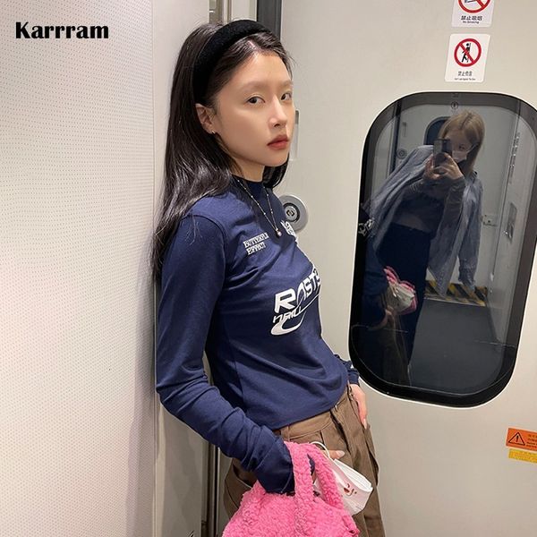 

women's t-shirt karrram grunge letter print korean fashion tight t-shirts japanese harajuku slim tshirt y2k aesthetics streetwear vint, White