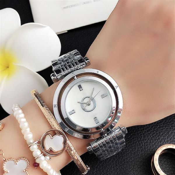 

fashion brand watches women girl big letters rotatable dial style metal steel band quartz wrist watch p76249f, Slivery;brown