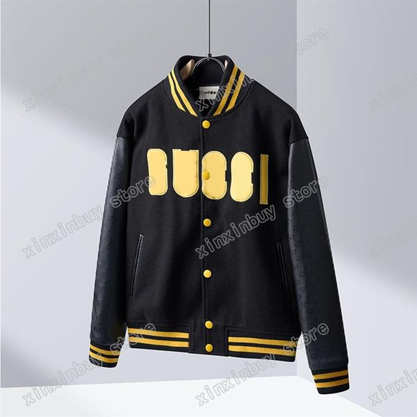 

xinxinbuy men designer coats jacket pineapple embroidery leather panelled sleeve emboss letter women black yellow m-2xl186c, Black;brown