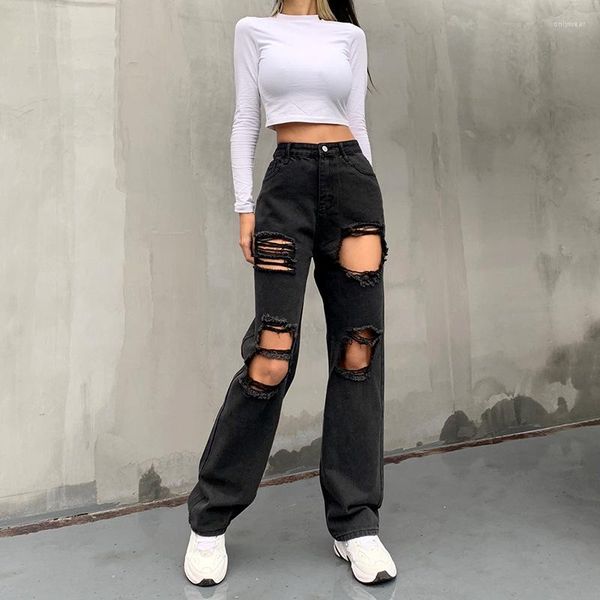 

women's jeans high waist ripped straight tube wild exaggerated big beggar street hip hop, Blue
