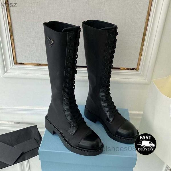 

2023 luxury designer pocket boots martin boot rubber boots knee lace up shoes glossy leather fashion comfortable casual warm booties, Black