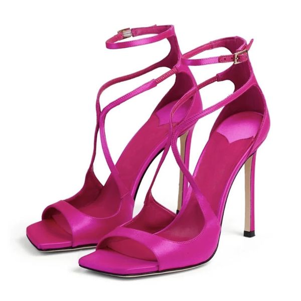 

sandals women's luxury sandals summer pink satin open toe stiletto sandals concise high heels women pumps ankle straps designer shoes 2, Black
