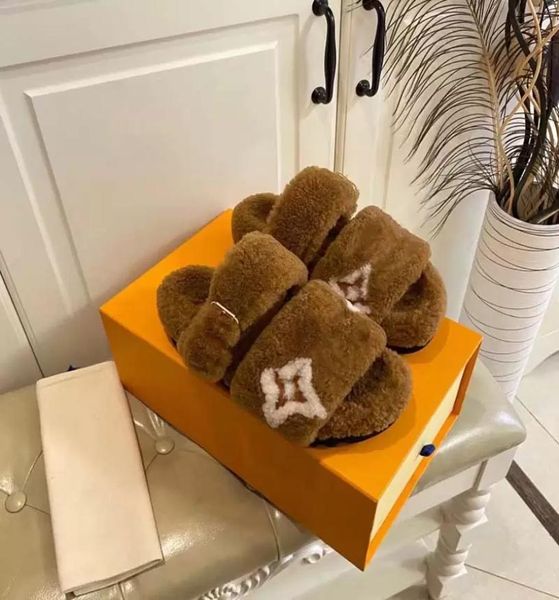 

girls dress slippers designer ladies slipper autumn casual slides interior fashion classic fur warm plush flat slippers with box s9055688, Black