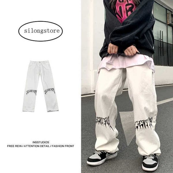 

men's jeans high steet women's white print jeans y2k korea men's harajuku casual streetwear clothes baggy jeans trousers male, Blue