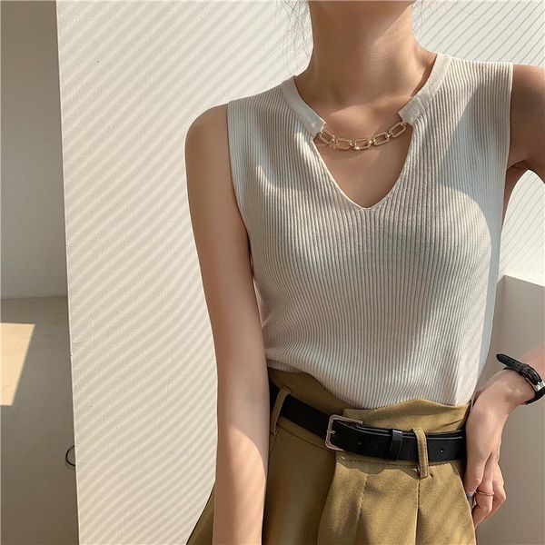 

tanks 2022 summer crystal chains tank women v neck fashion short camisole ladies high street elastic waist knit camis, Black;white