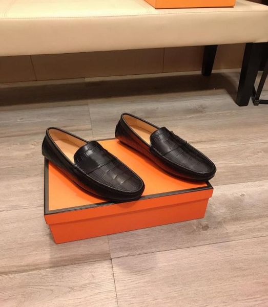 

luxury new mens loafers dress shoes h logo leisure genuine leather office walk casual embossing size 38443958885, Black
