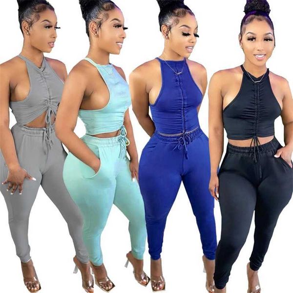 

women clothing designer tracksuits hollow out suits womens fashion solid color pleated vest pencil pants two piece set, White