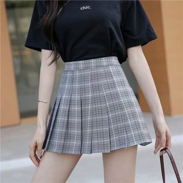 

skirts summer women plaid print casual high waist student pleated harajuku cute sweet girls mini dance feminina 230420, Black