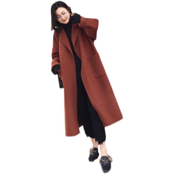

fur elegant wool woolen long overcoat new women autumn winter korean version doublesided velvet thick loose female woolen coat f089, Black