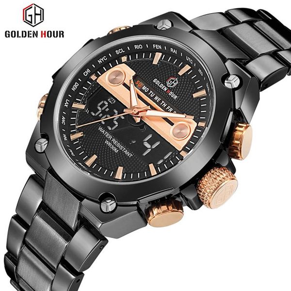 

watch men brand goldenhour fashion quartz watches man wristwatch date display full steel male clock waterproof relogio masculino282b, Slivery;brown