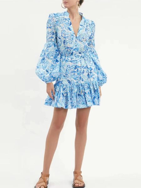 

blue print dress short skirt 2023 spring new v-neck bubble sleeve single breasted lace up short dress, Black;gray