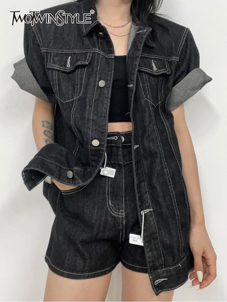 

dress twotwinstyle korean fashion denim two piece set women lapel short sleeve shirt high waist shorts solid sets female clothing 2022, White