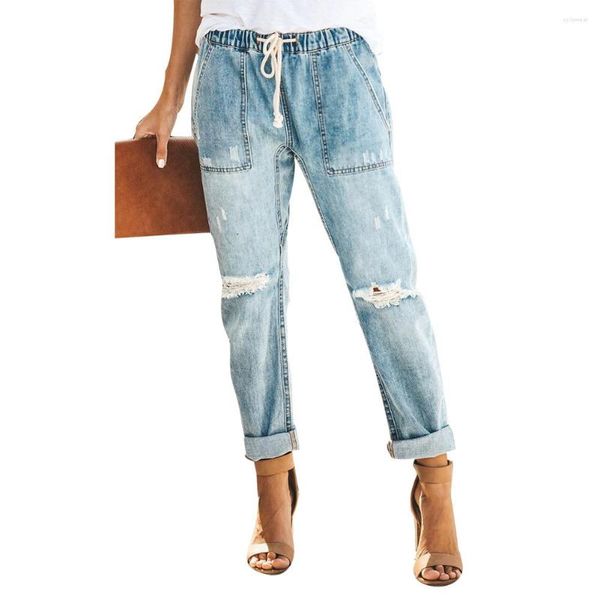 

Women's Jeans Fashion Distressed Knee Ripped Women Summer Holes Loose Trouser Drawstring Elastic Waist Pockets Long Pencil Denim Pants, Black