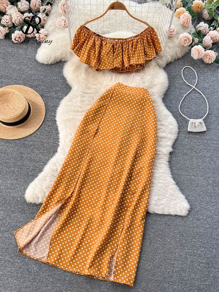 

two piece dress singreiny summer polka dot print beach two pieces suits women short blouse split long skirt off the shoulder elastic sets 23, White