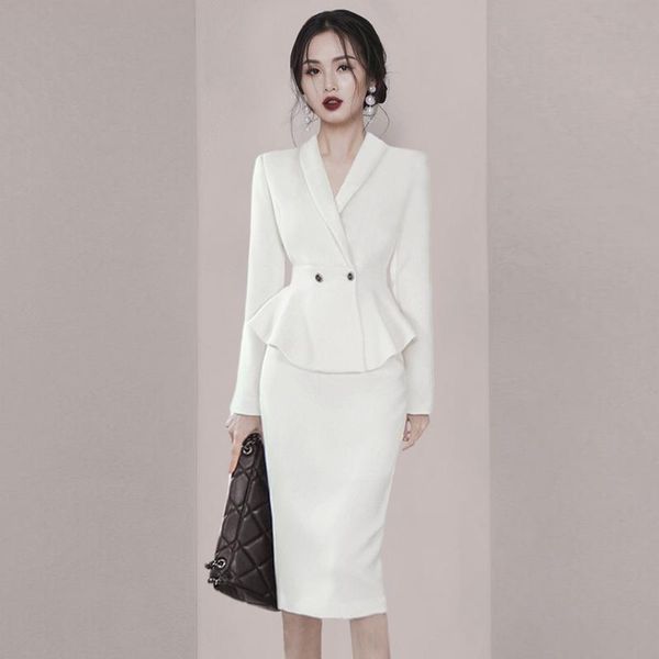 

pants spring fall 2piece korean women's fashion vneck longsleeve suit jacket + high waist pencil skirt 2piece set new, White