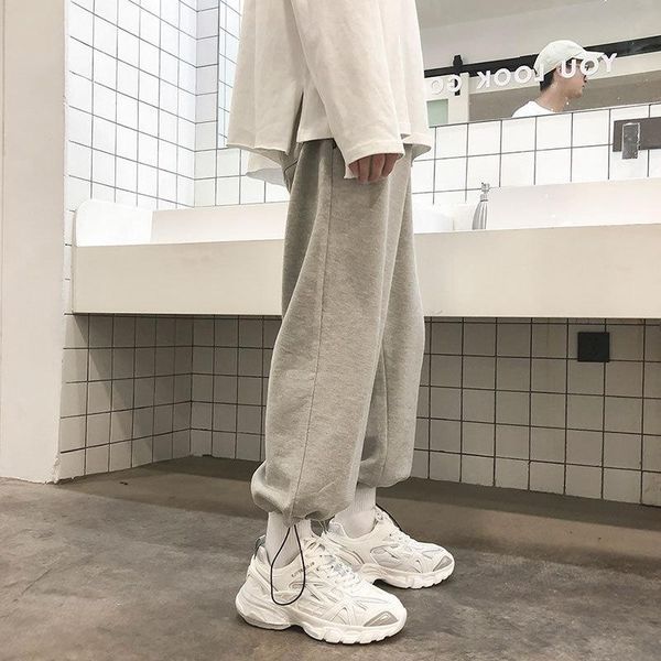 

pants men solid sweatpants adjustable bundle pants korean loose joggers harem pant casual streetwear oversized sports casual pants, Black